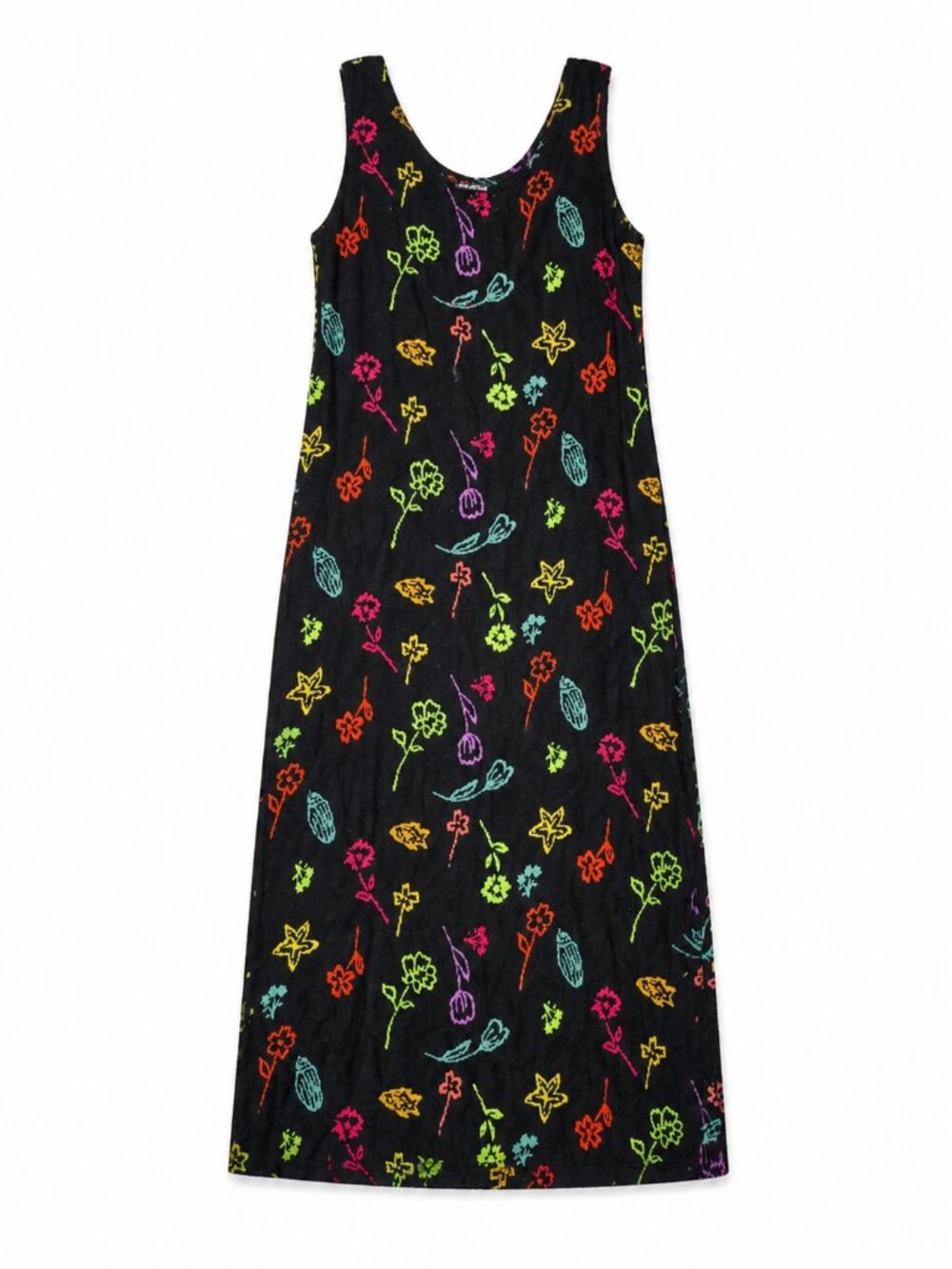 90s Neon Floral Black Sleevless Midi Dress Size Medium